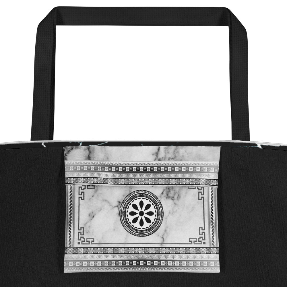 Greek Key Silver Black Flower Tote Bag w/ Pocket