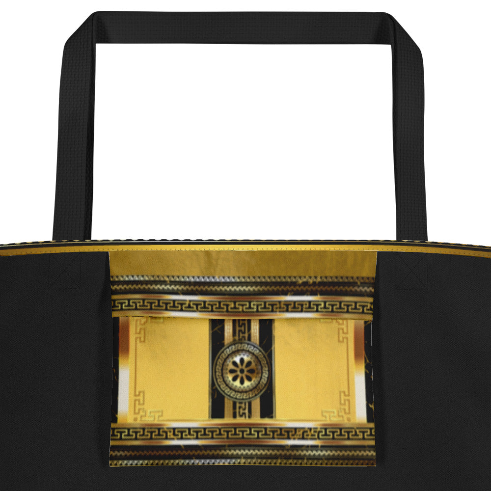 Greek Key Gold Black Flower Tote Bag w/ Pocket