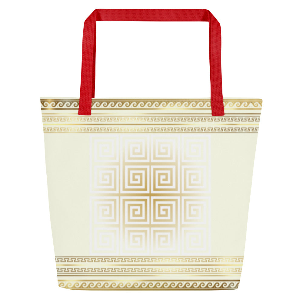 Greek Key Gold Large Tote Bag with Pocket