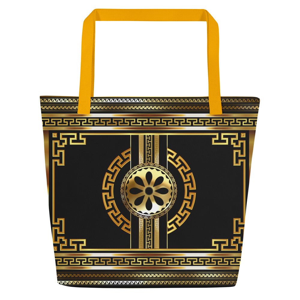 Greek Key Gold Black Flower Tote Bag w/ Pocket