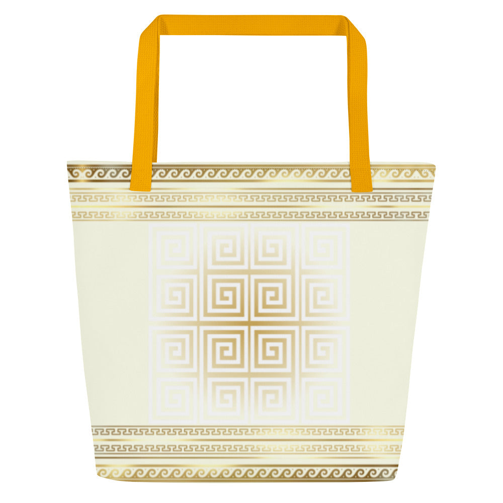 Greek Key Gold Large Tote Bag with Pocket