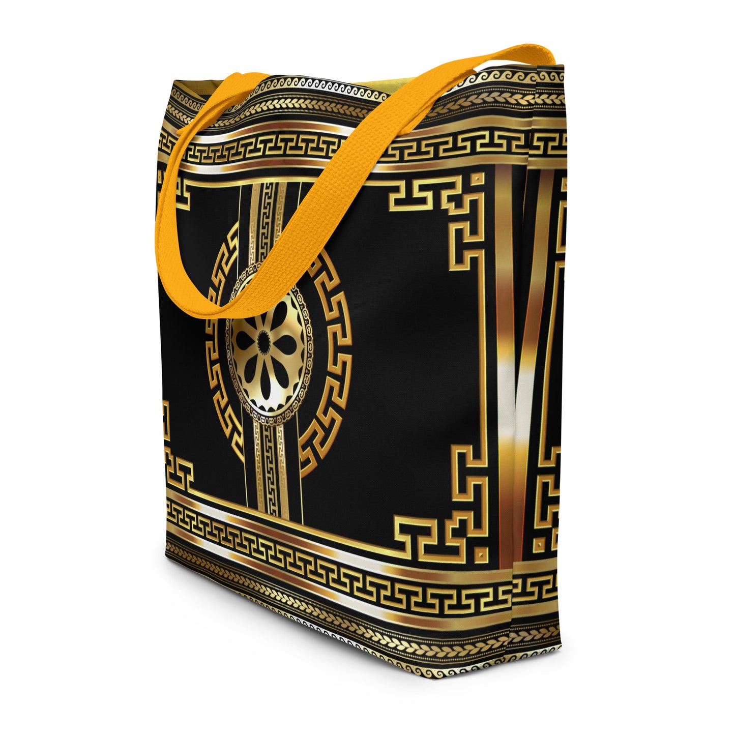 Greek Key Gold Black Flower Tote Bag w/ Pocket