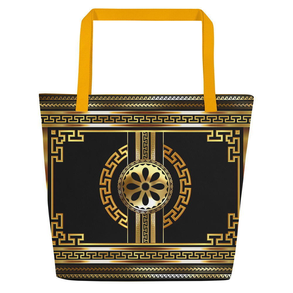 Greek Key Gold Black Flower Tote Bag w/ Pocket