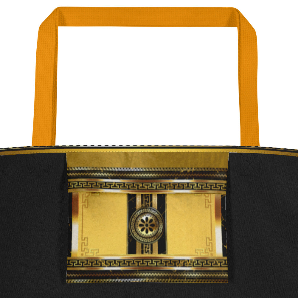 Greek Key Gold Black Flower Tote Bag w/ Pocket