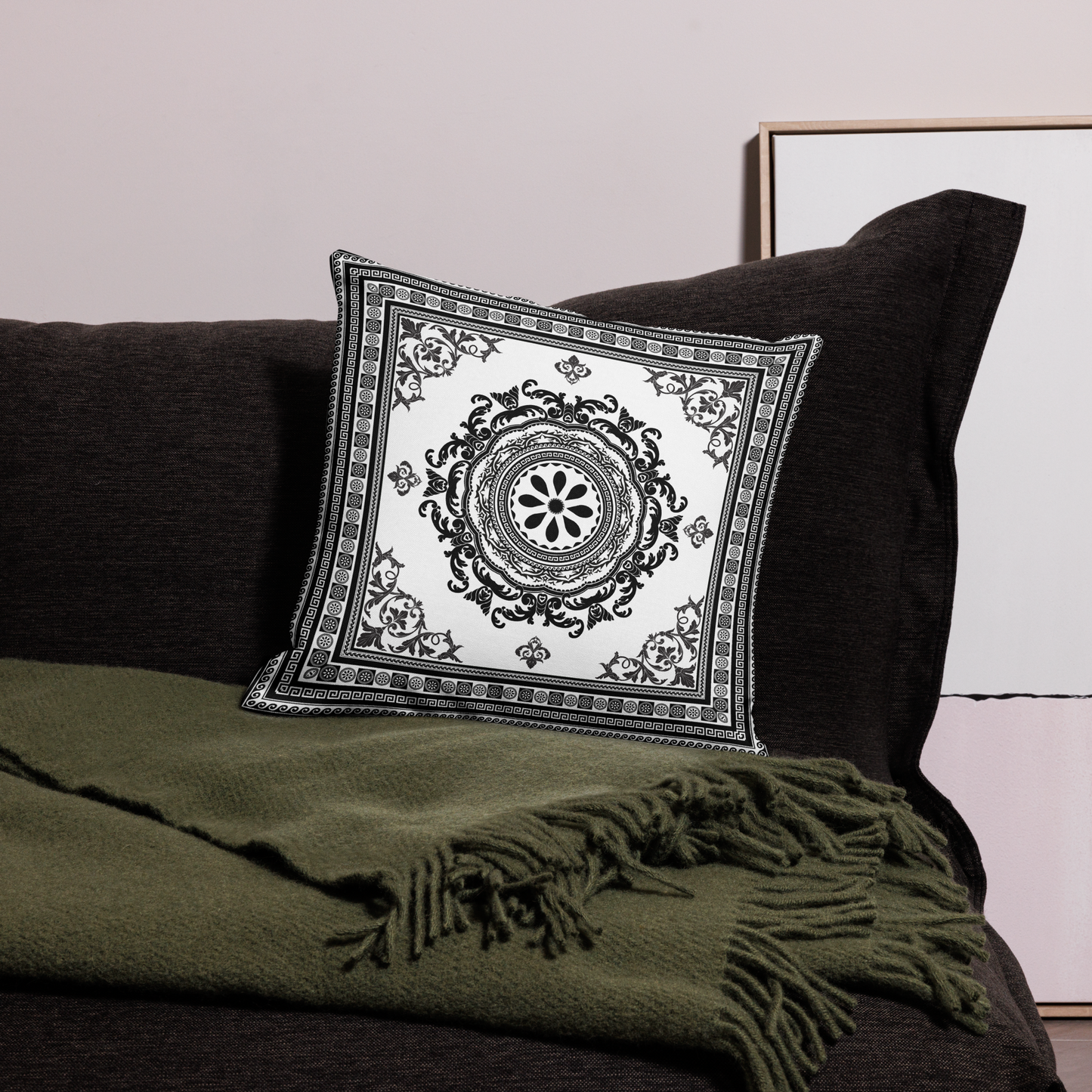 Ornate White Black Floral Greek Key Premium Pillow