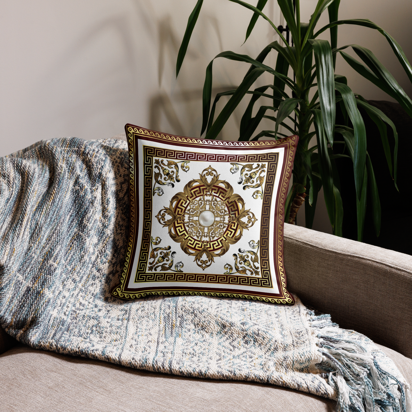 Maroon Gold White Greek Key Medallion Premium Pillow