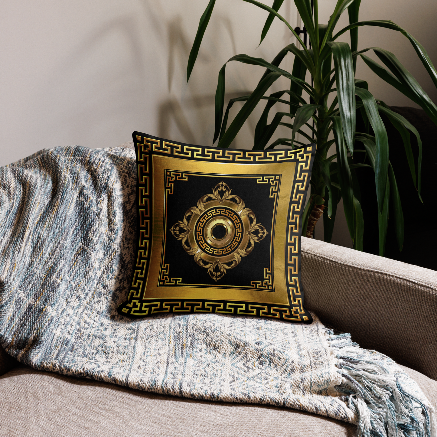 Golden Greek Keys Black Medallion Premium Pillow