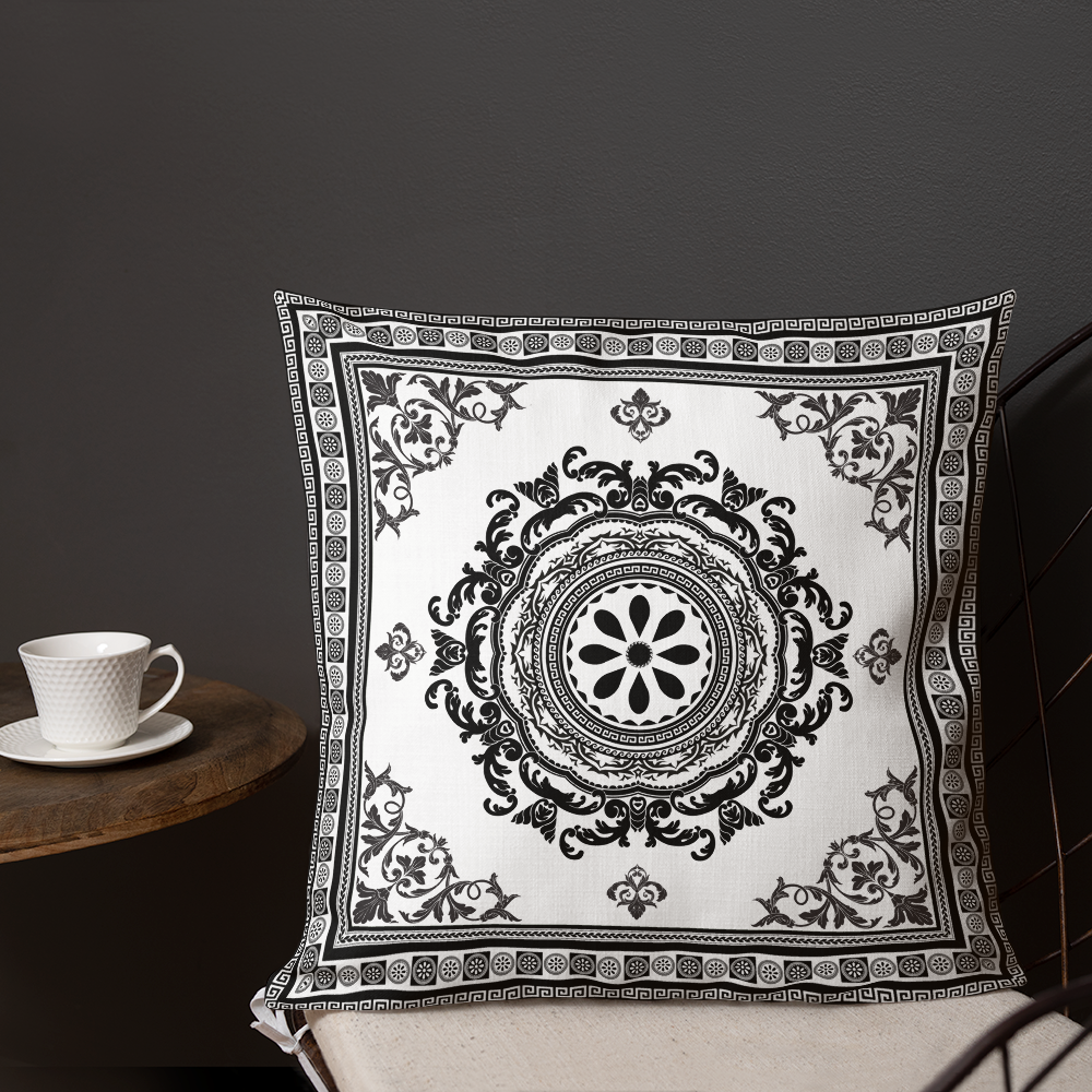 Ornate White Black Floral Greek Key Premium Pillow