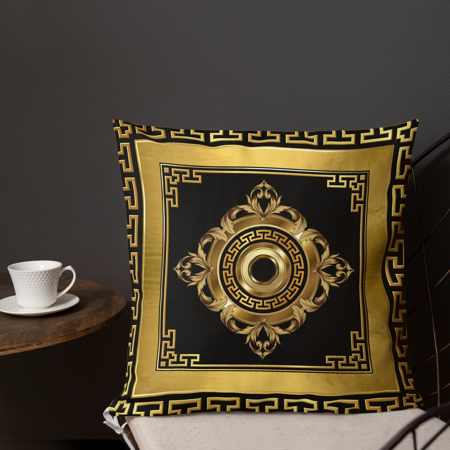 Golden Greek Keys Black Medallion Premium Pillow