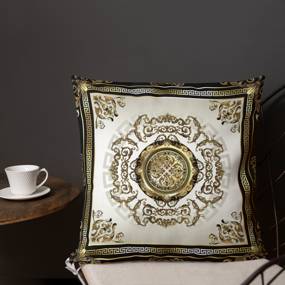 Ornate Baroque Balck Cream Gold Greek Keys Premium Pillow