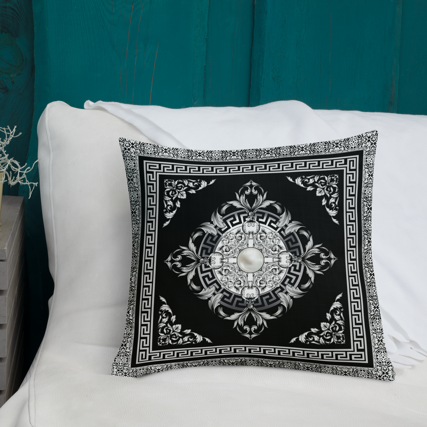 Greek Key SIlver White Black Medallion Premium Pillow