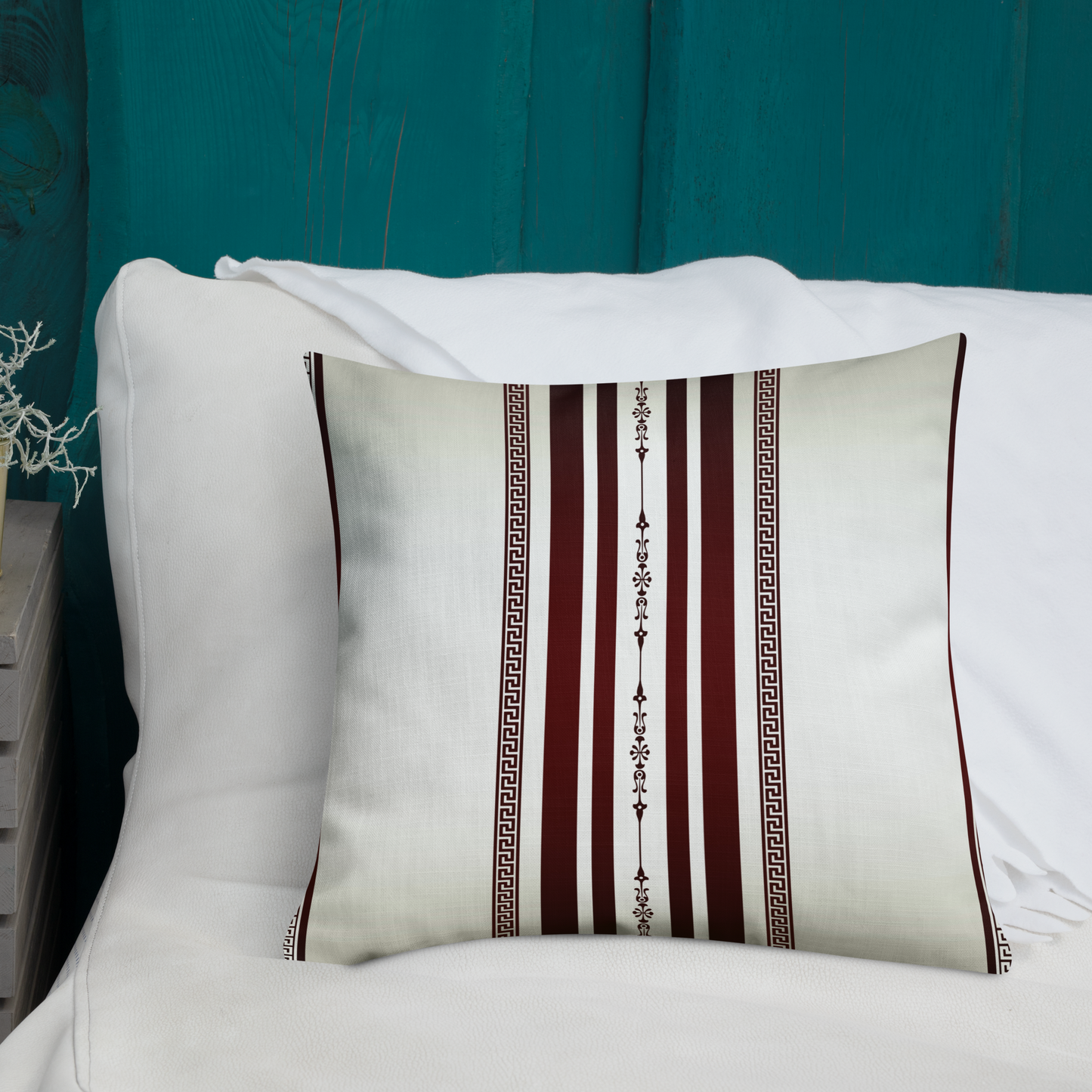 Cream Maroon Stripes Greek Key Premium Pillow