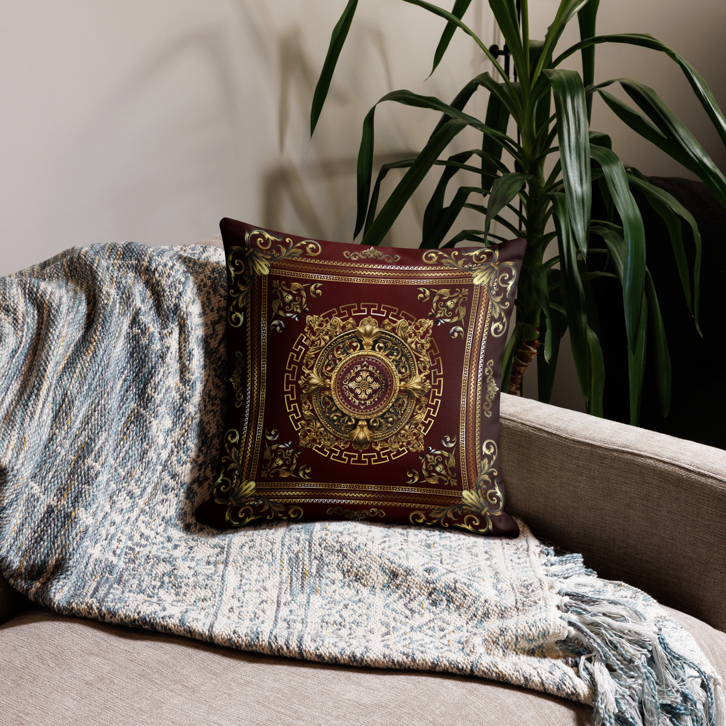 Greek Key Gold Maroon Medallion Premium Pillow