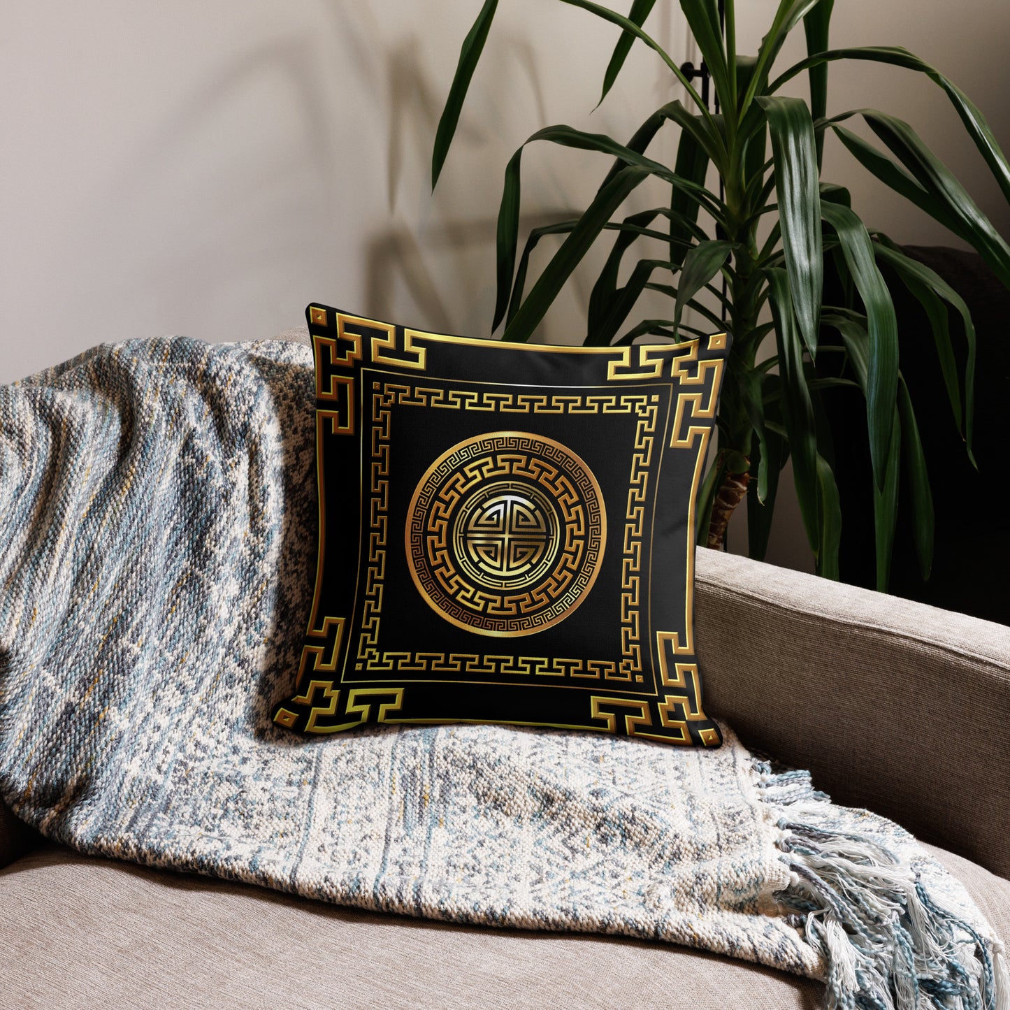 Greek Key Large Gold Black Premium Pillow