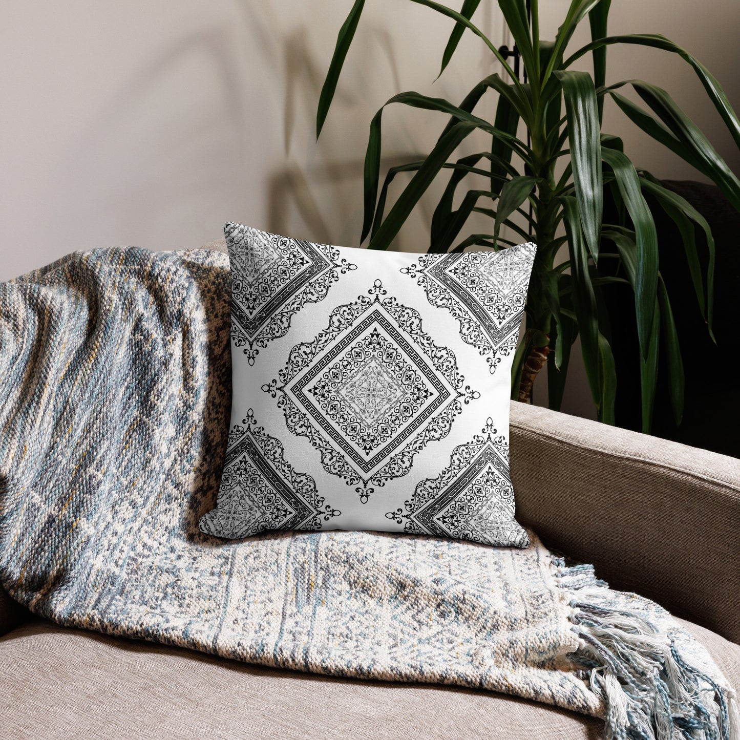 Greek Key White Black Ornate Premium Pillow