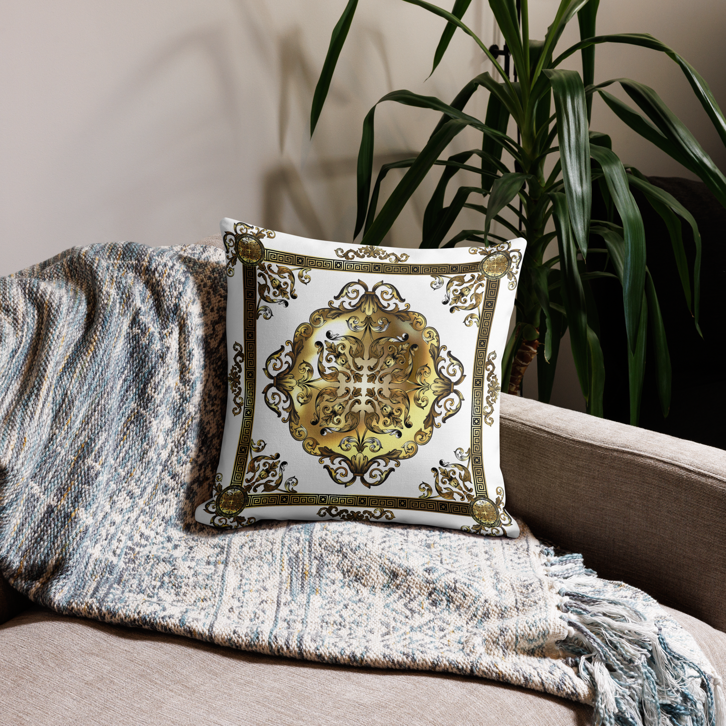 Greek Key Gold White Ornate Premium Pillow