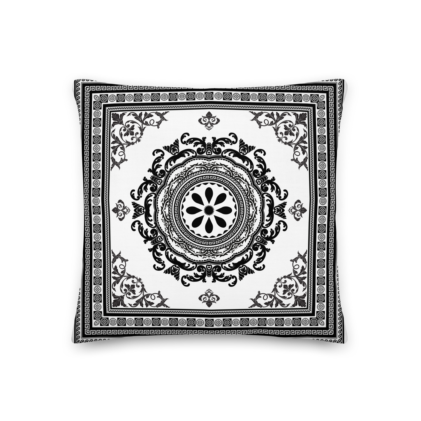 Ornate White Black Floral Greek Key Premium Pillow