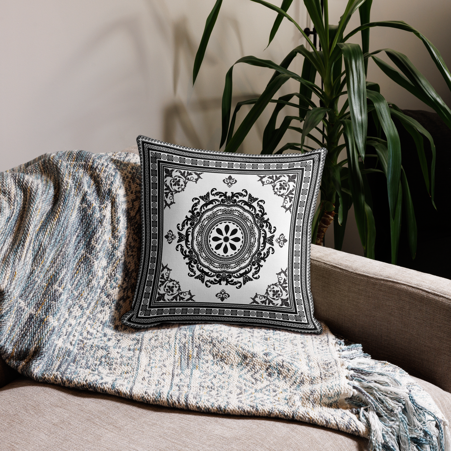 Ornate White Black Floral Greek Key Premium Pillow