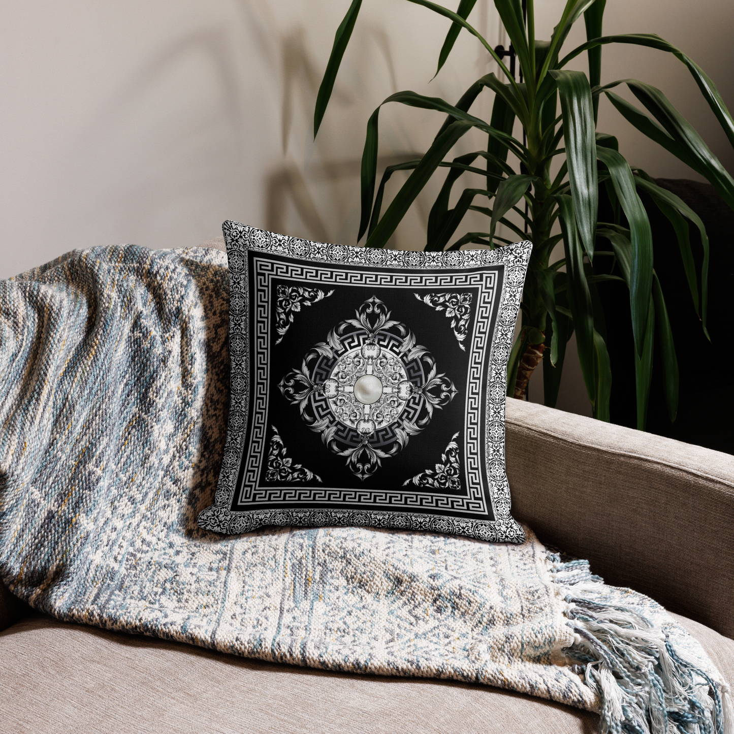 Greek Key SIlver White Black Medallion Premium Pillow