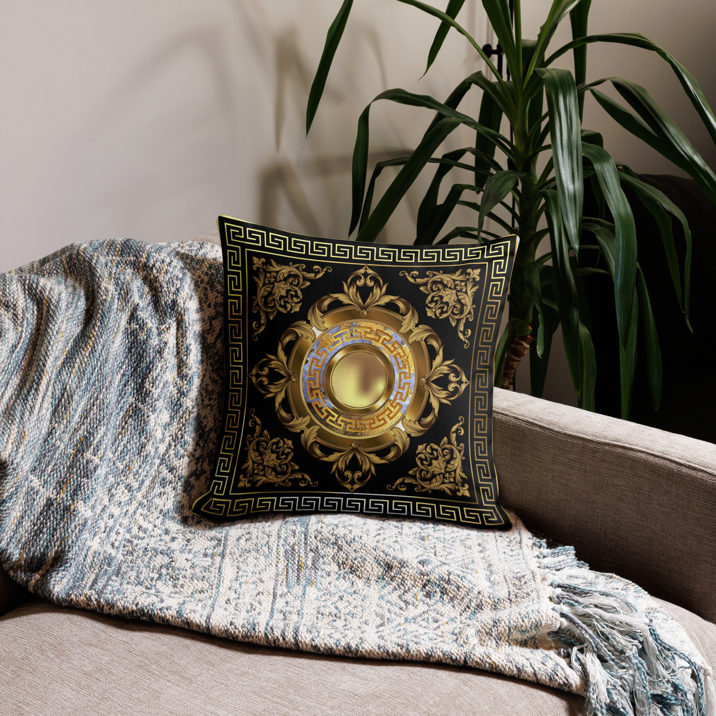 Greek Key Black Gold Medallion White Stone Premium Pillow