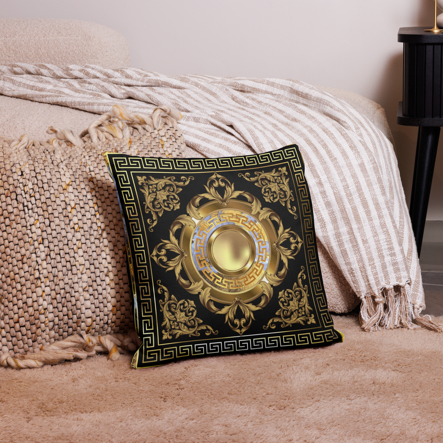 Greek Key Black Gold Medallion White Stone Premium Pillow