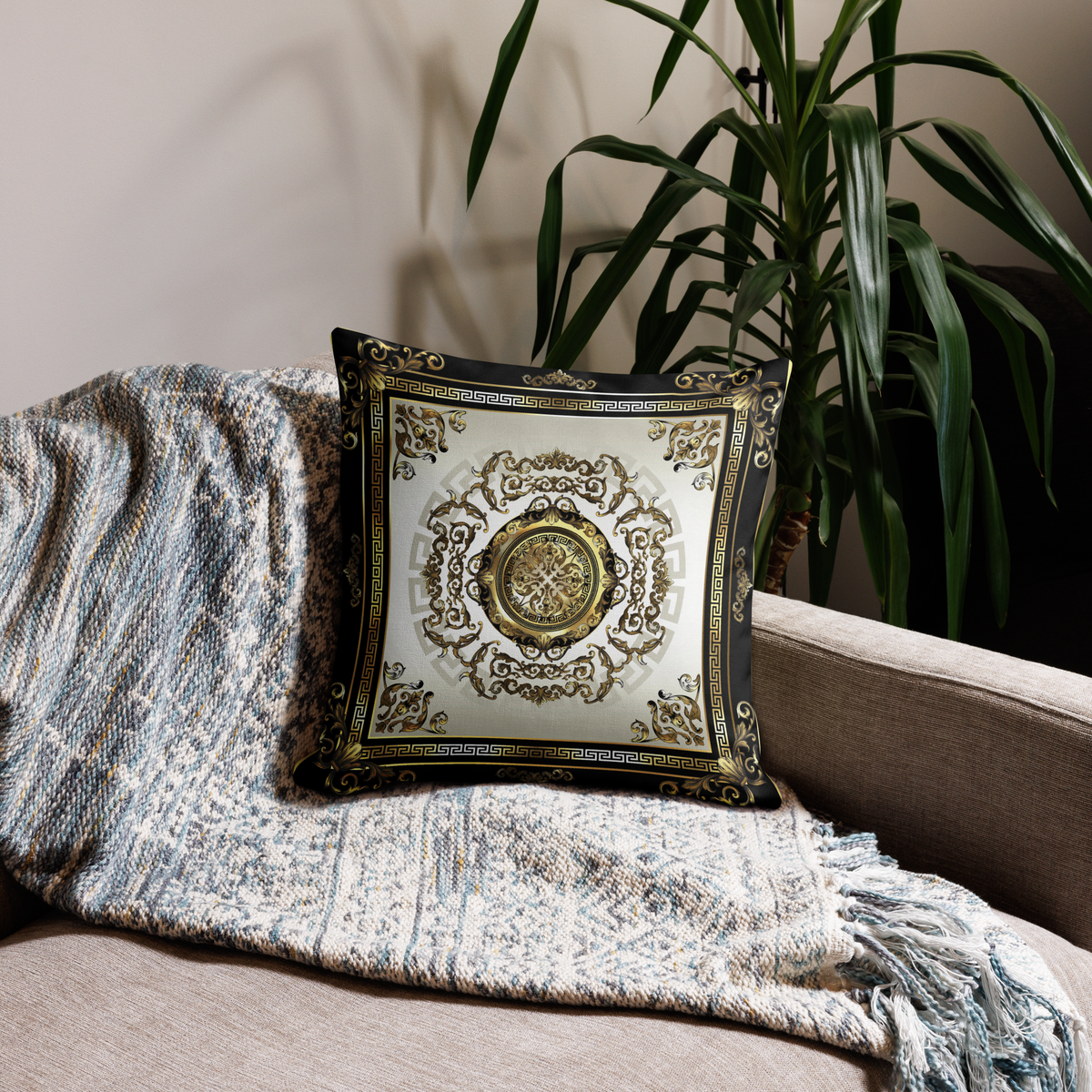 Ornate Baroque Balck Cream Gold Greek Keys Premium Pillow