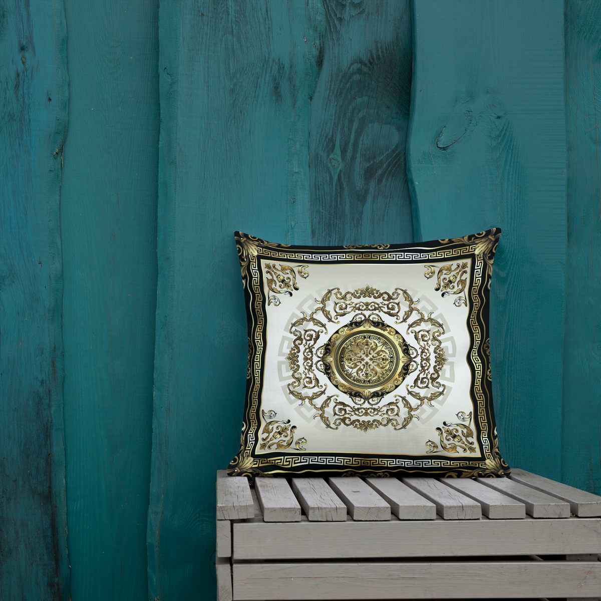 Ornate Baroque Balck Cream Gold Greek Keys Premium Pillow