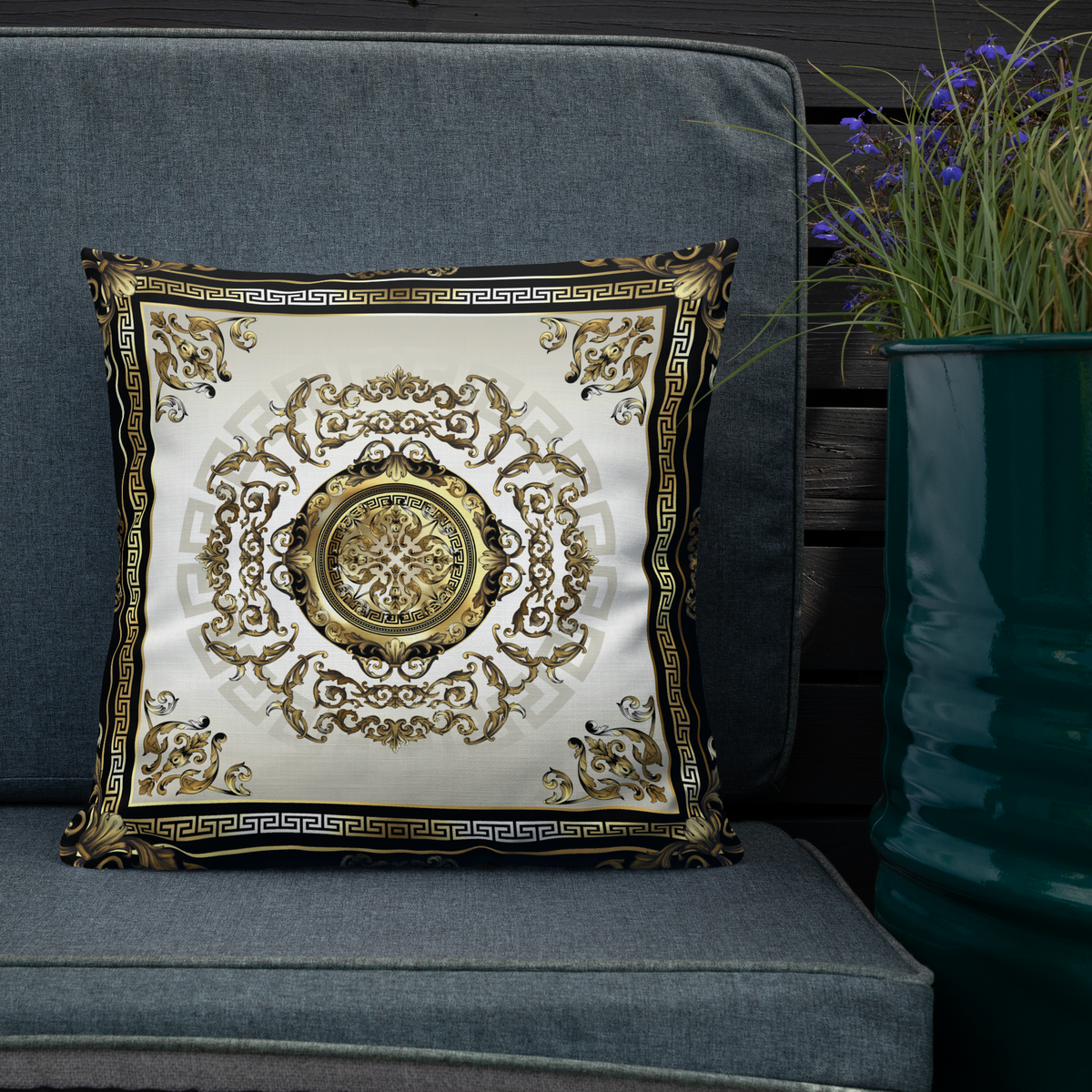 Ornate Baroque Balck Cream Gold Greek Keys Premium Pillow