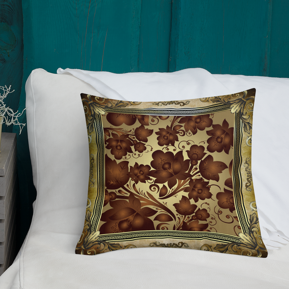 Vintage Style Greek Key Flowers Gold Red Premium Pillow