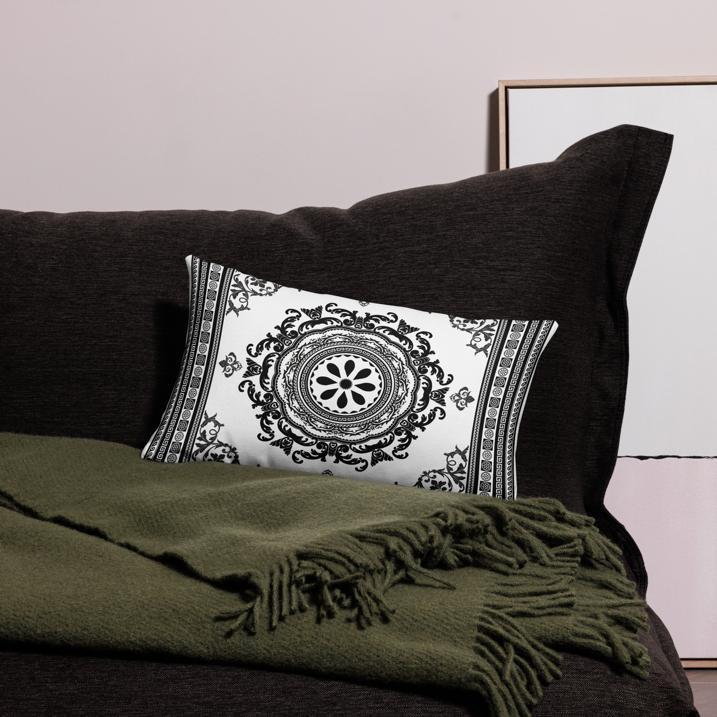 Ornate White Black Floral Greek Key Premium Pillow