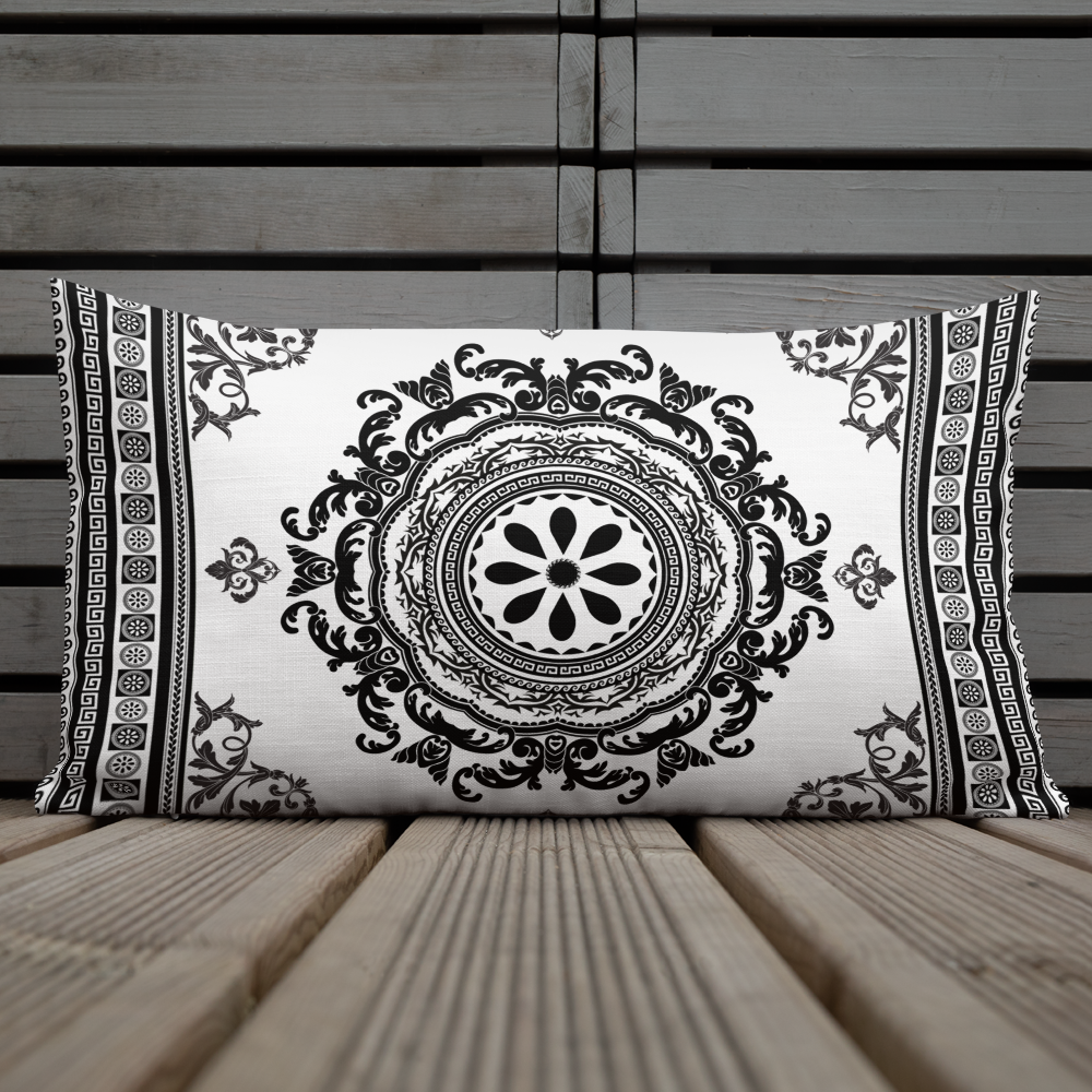 Ornate White Black Floral Greek Key Premium Pillow