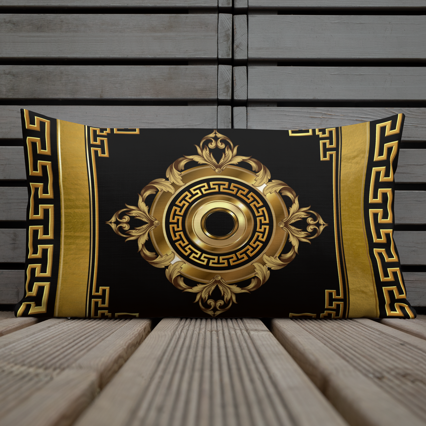 Golden Greek Keys Black Medallion Premium Pillow