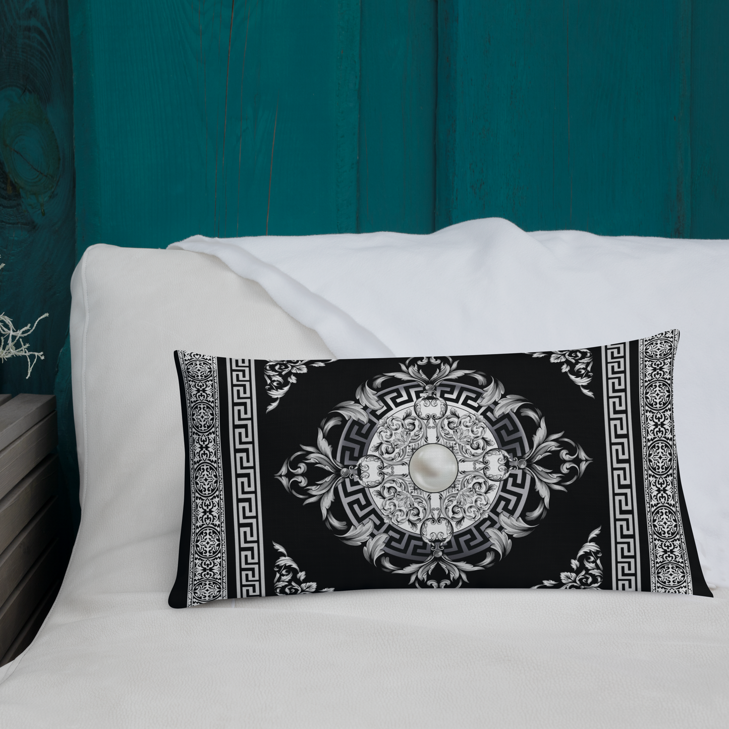 Greek Key SIlver White Black Medallion Premium Pillow