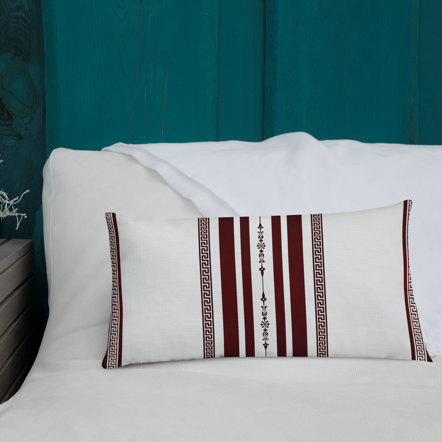 Cream Maroon Stripes Greek Key Premium Pillow