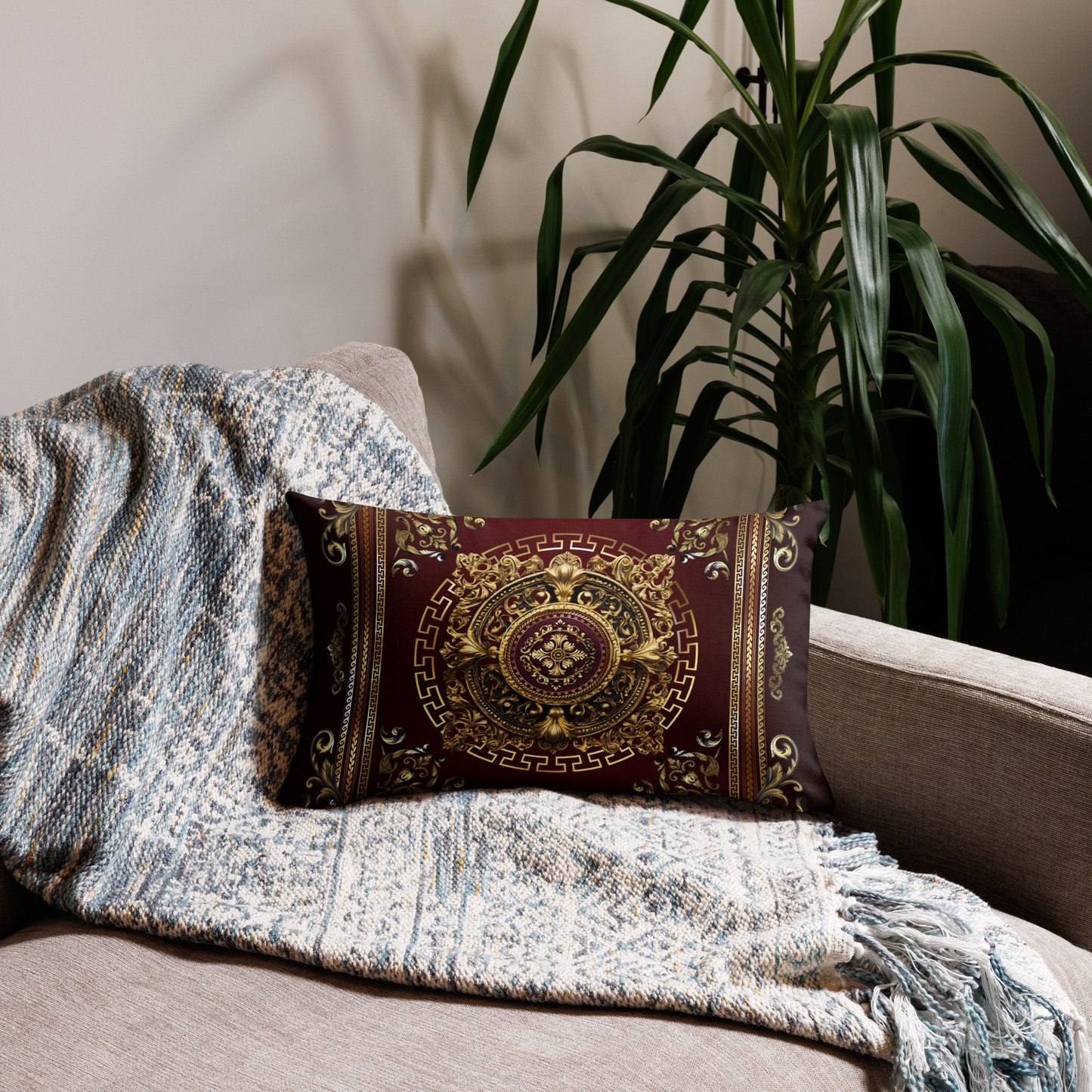 Greek Key Gold Maroon Medallion Premium Pillow