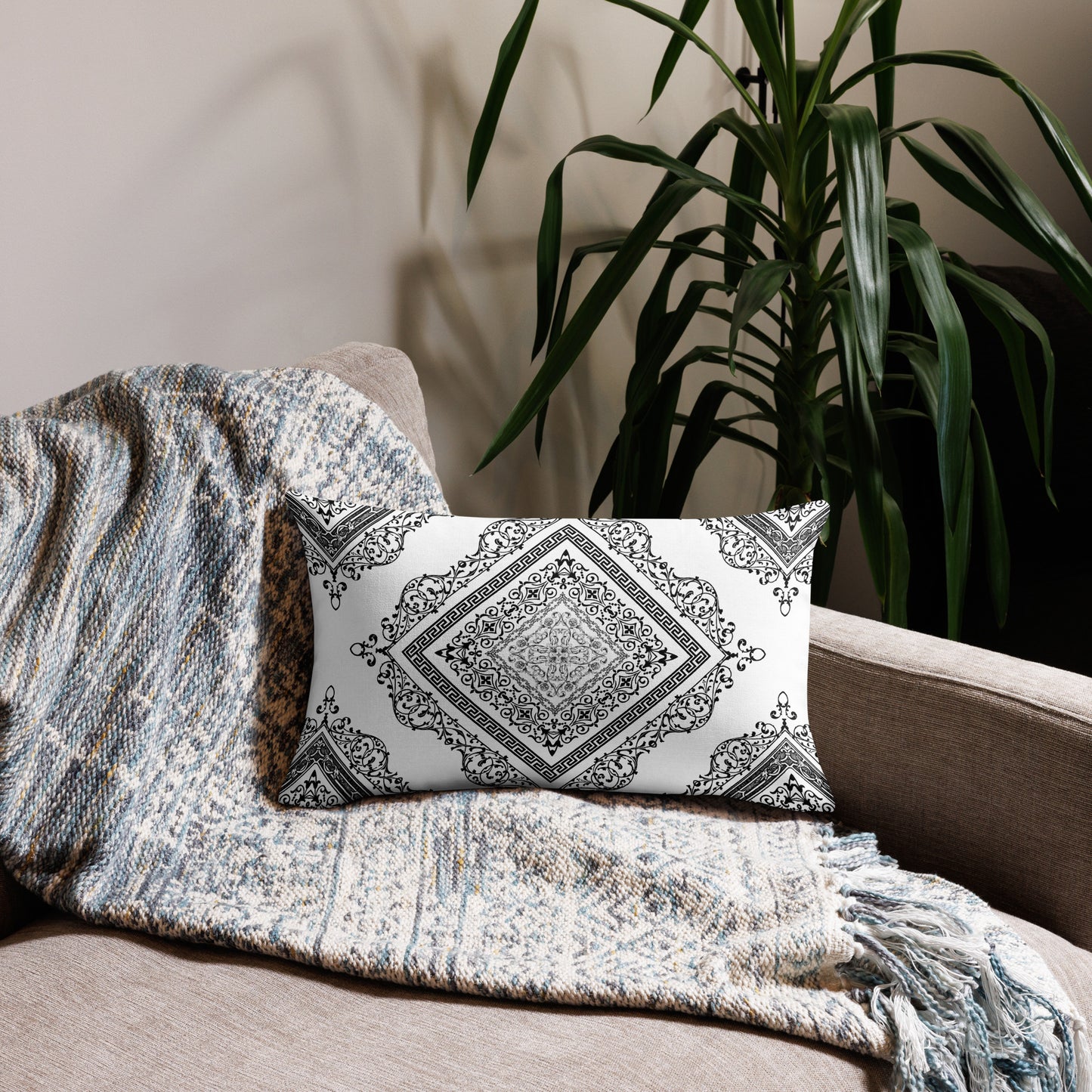 Greek Key White Black Ornate Premium Pillow