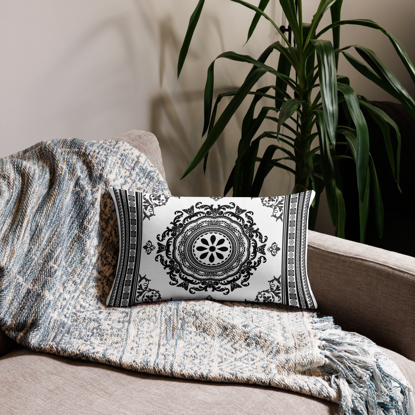 Ornate White Black Floral Greek Key Premium Pillow