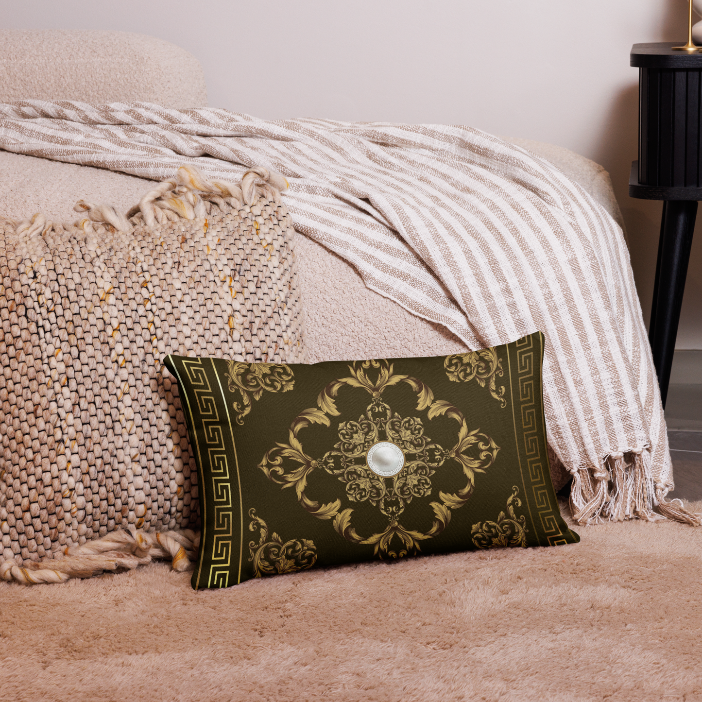 Brown Gold Greek Key Medallion Premium Pillow