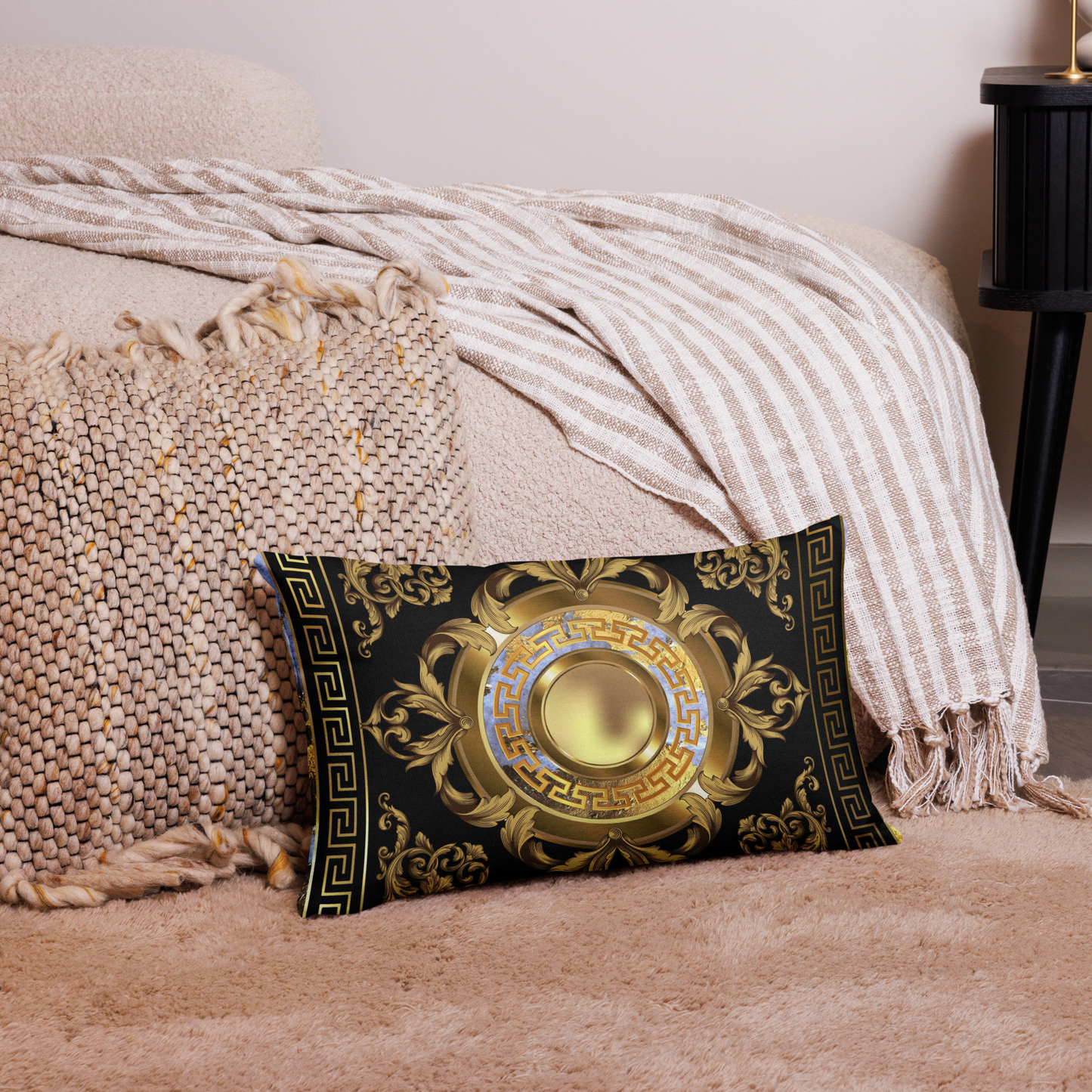 Greek Key Black Gold Medallion White Stone Premium Pillow