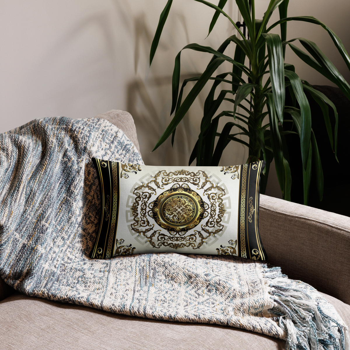 Ornate Baroque Balck Cream Gold Greek Keys Premium Pillow