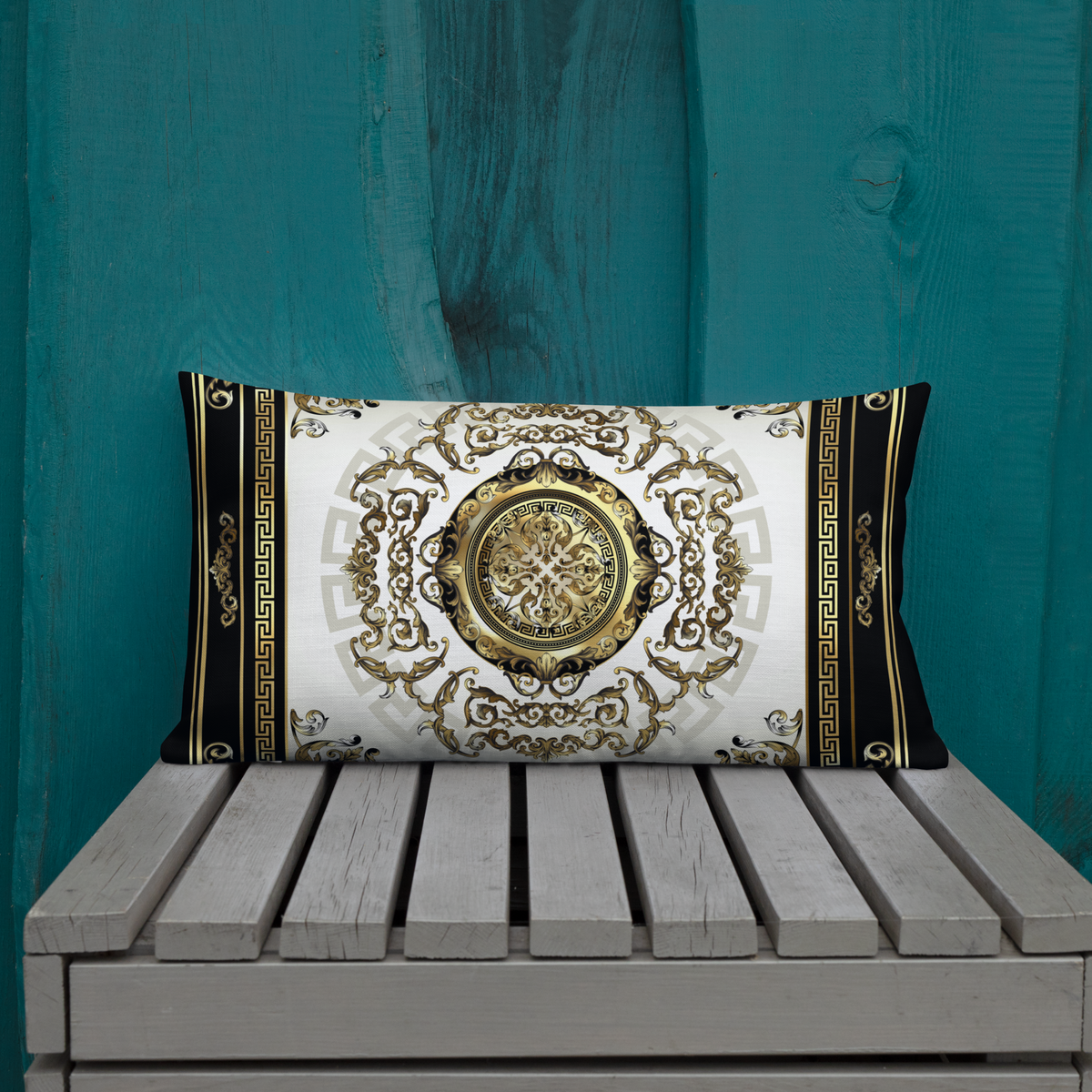 Ornate Baroque Balck Cream Gold Greek Keys Premium Pillow