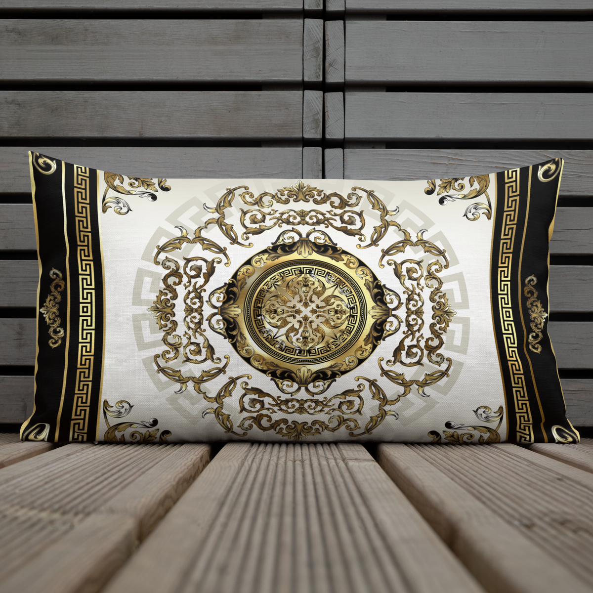 Ornate Baroque Balck Cream Gold Greek Keys Premium Pillow