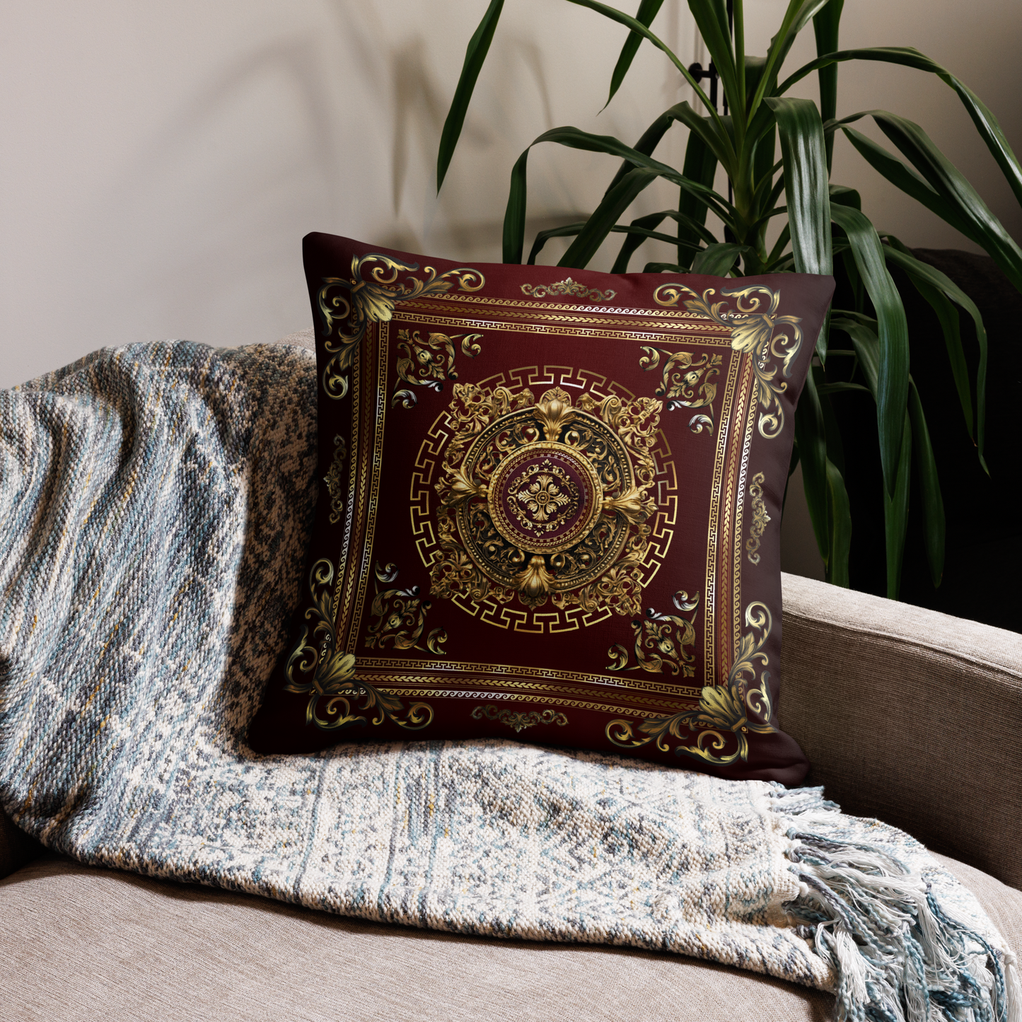 Greek Key Gold Maroon Medallion Premium Pillow