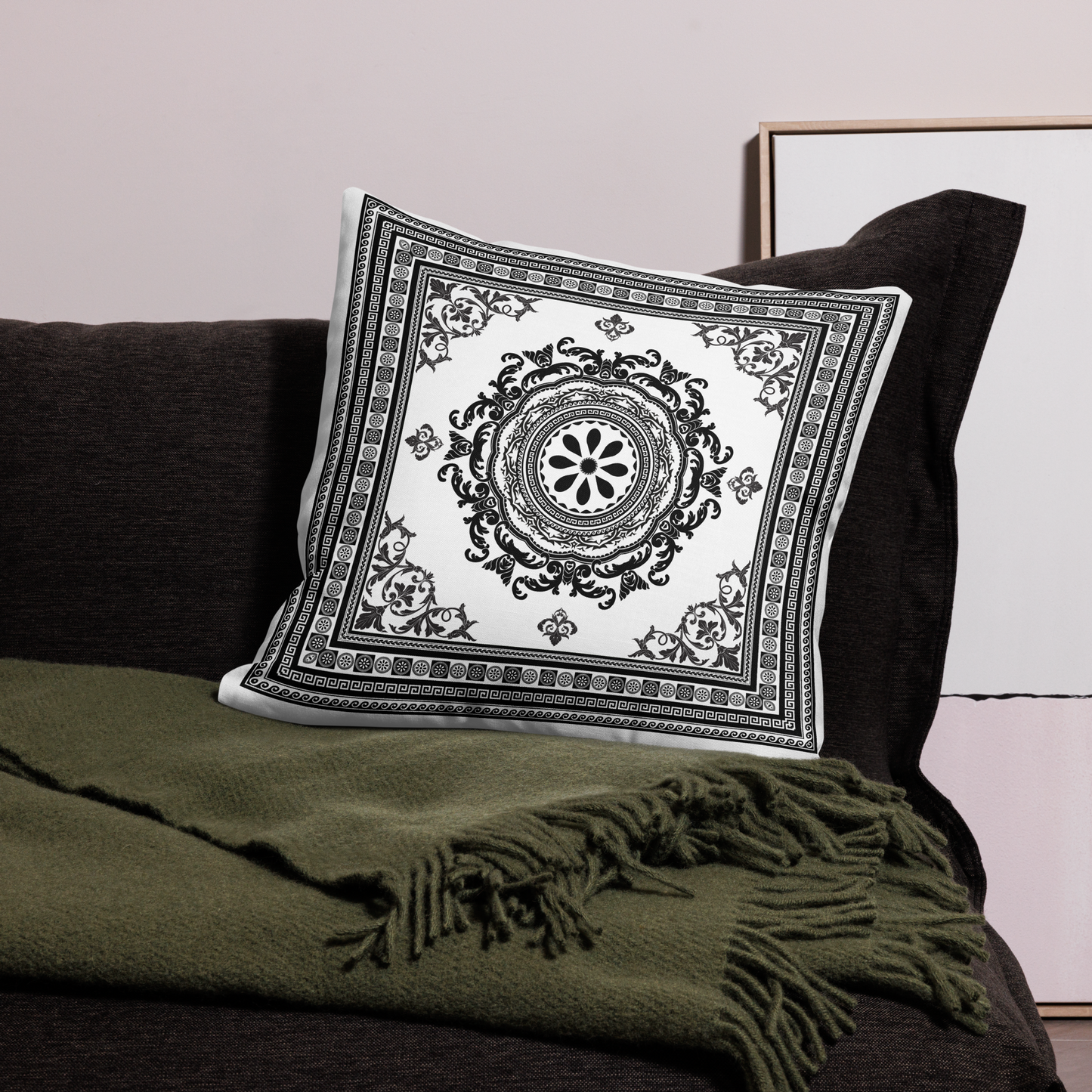 Ornate White Black Floral Greek Key Premium Pillow