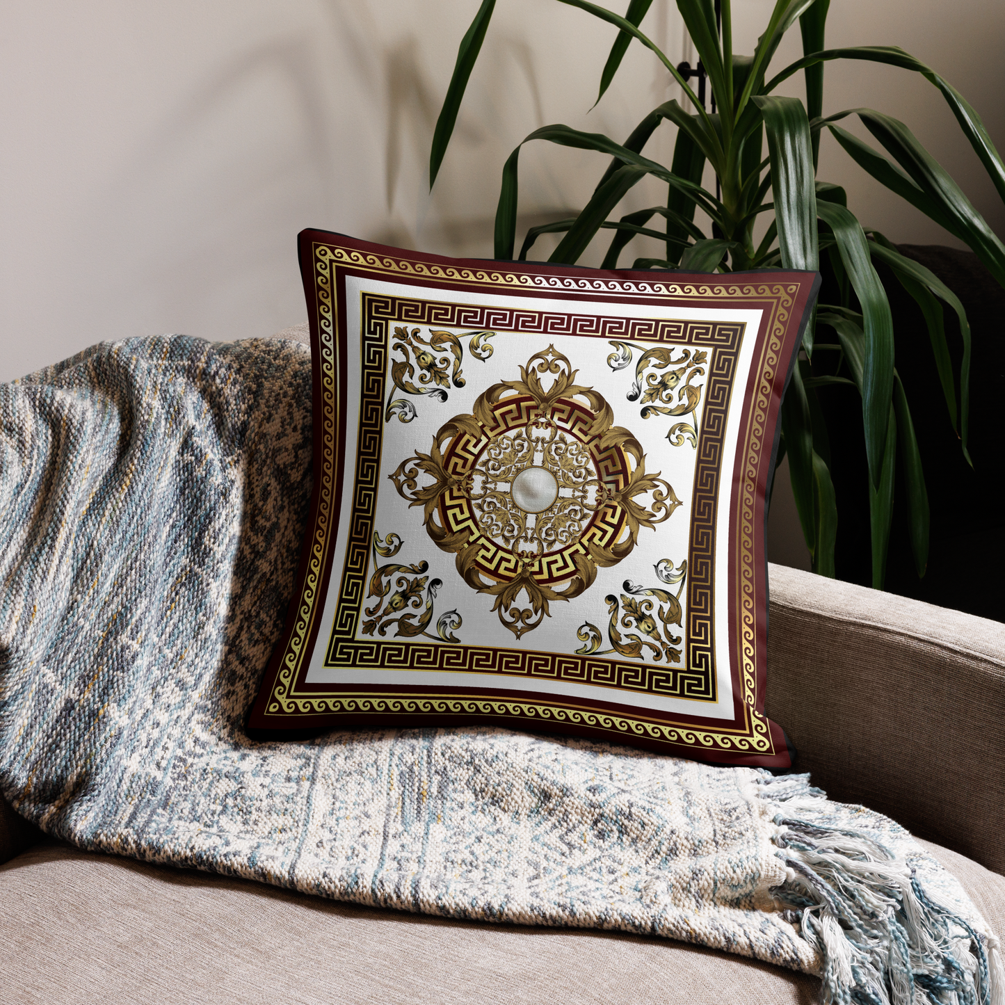 Maroon Gold White Greek Key Medallion Premium Pillow