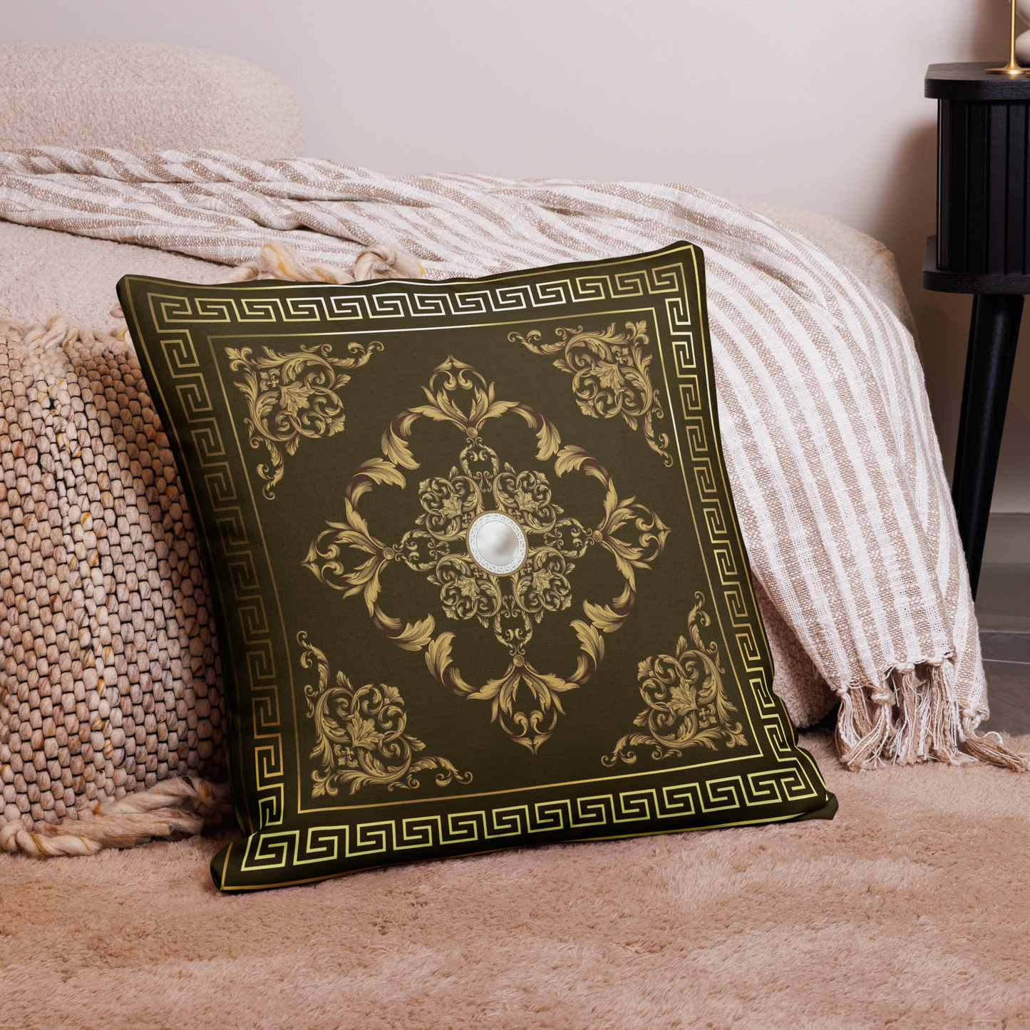 Brown Gold Greek Key Medallion Premium Pillow