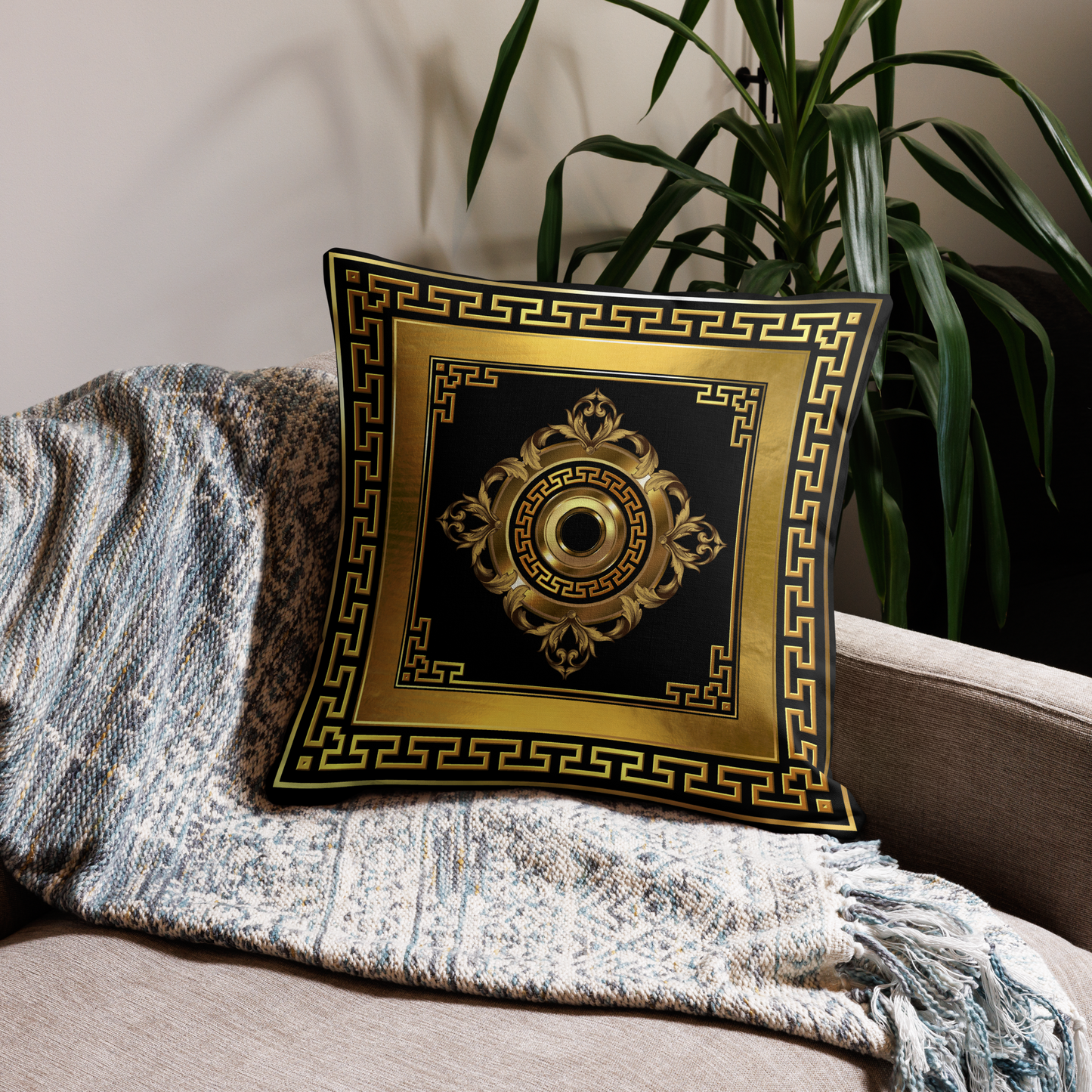 Golden Greek Keys Black Medallion Premium Pillow