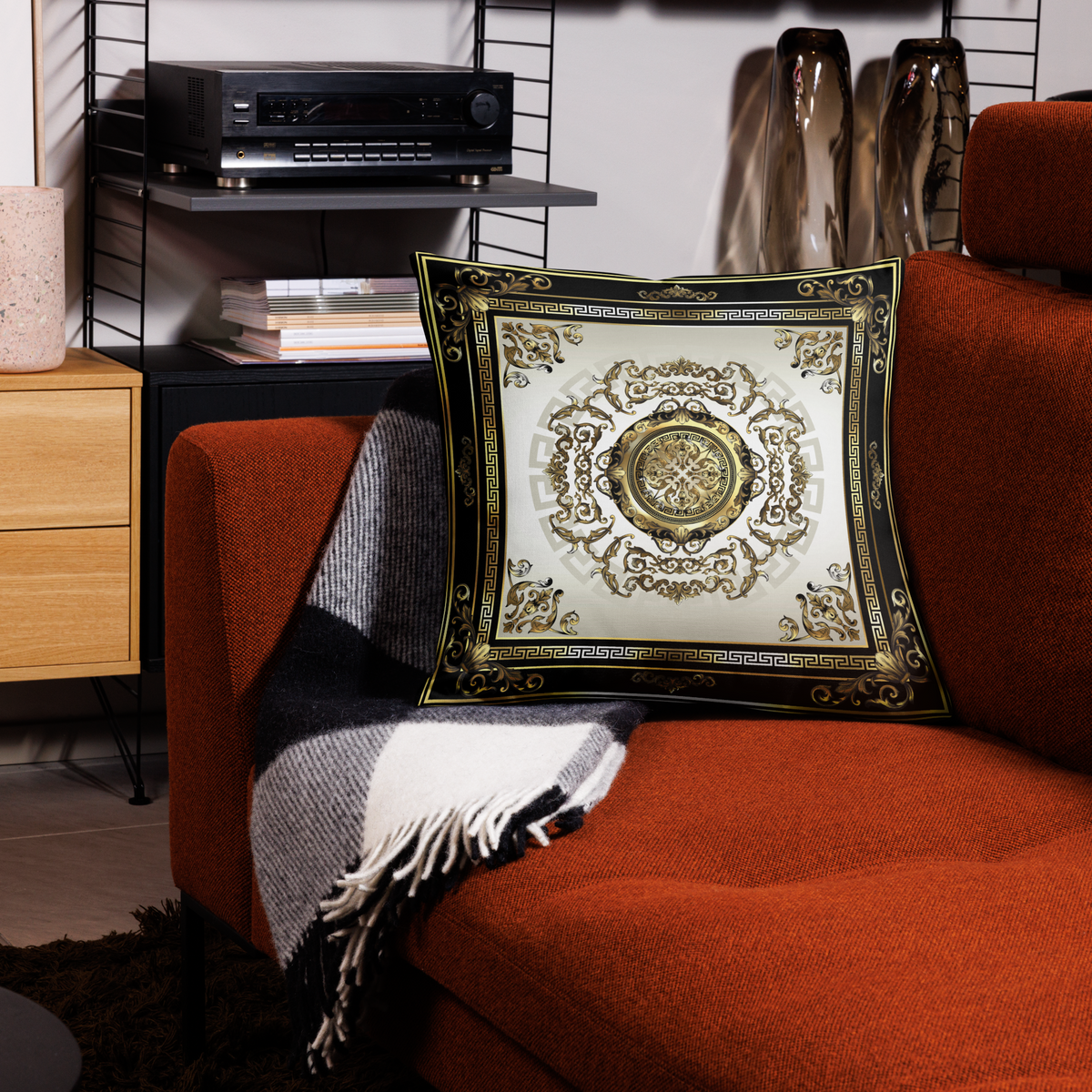 Ornate Baroque Balck Cream Gold Greek Keys Premium Pillow