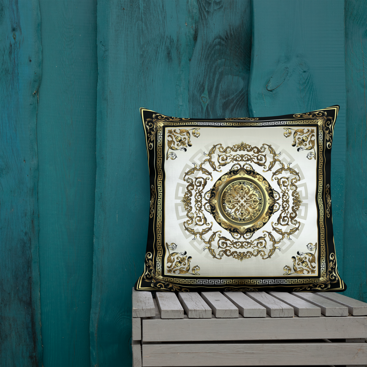 Ornate Baroque Balck Cream Gold Greek Keys Premium Pillow