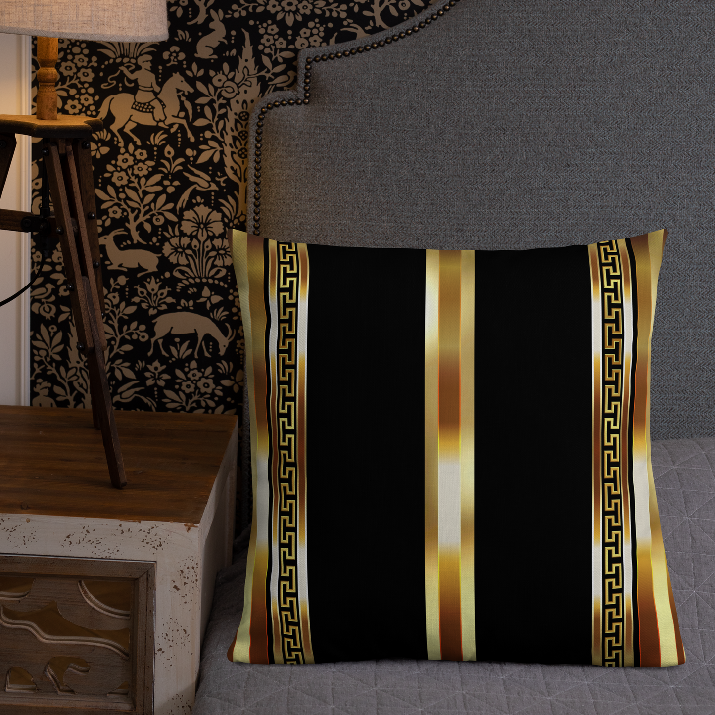 Gold Greek Key Black Premium Pillow